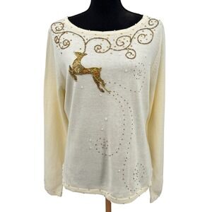 Berek Womens Sweater Cream Beaded Reindeer Christmas Sweater‎ Pearls  Large
